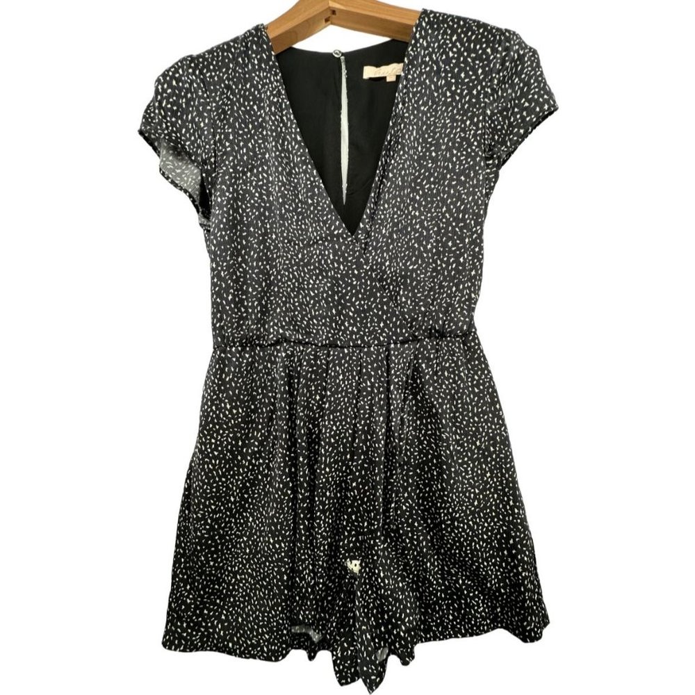 Hutch Anthropologie Sz XS Black Satin Romper Cap Sleeves Pockets V-Neck